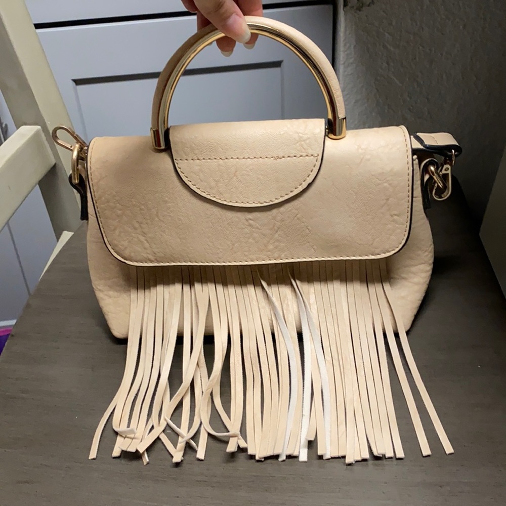 Beige Faux Leather Fringe Satchel Purse